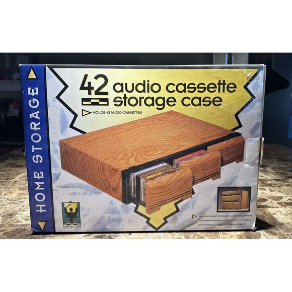 Brand New 42 Cassette Tape Holder Case Vintage Wood-Grain 3 Drawer Storage Retro - Picture 1 of 4